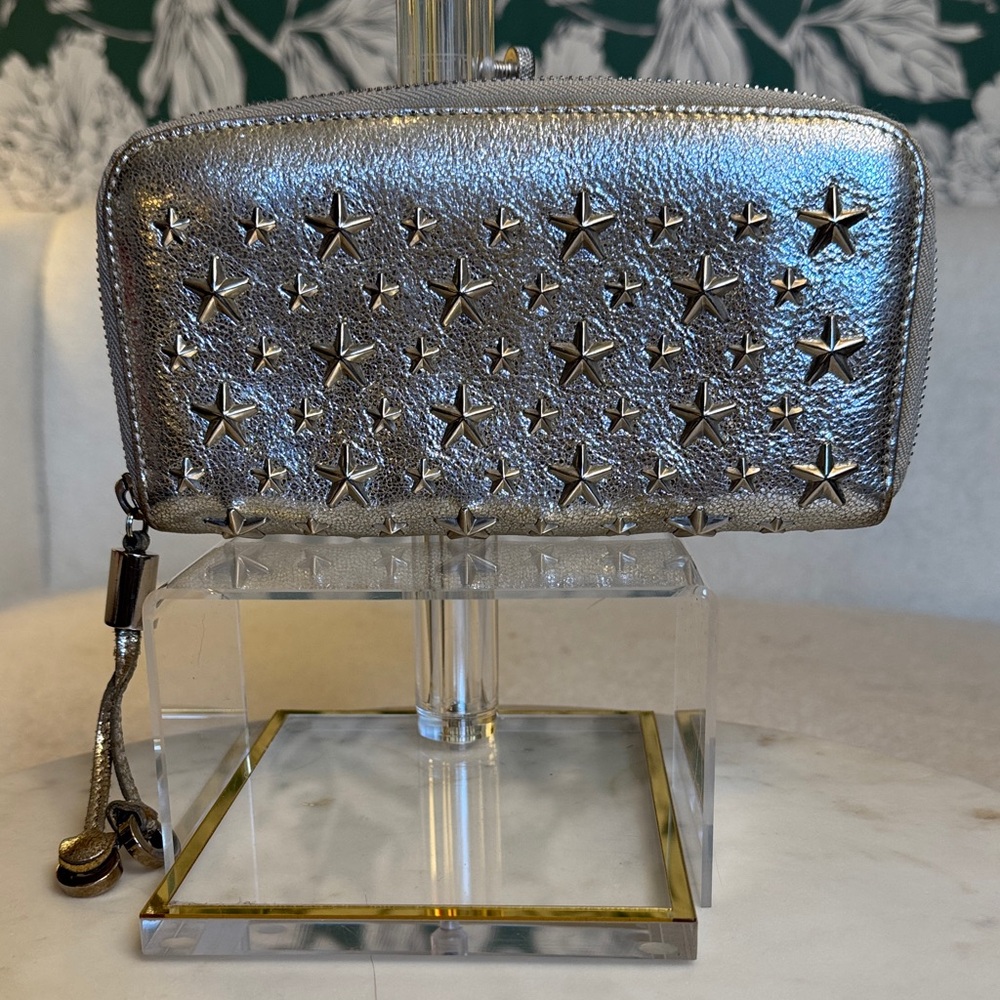 Jimmy Choo Authentic Silver Star-Studded Metallic Leather Zippy Wallet